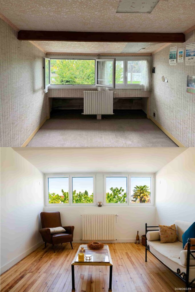 Transformation d'un espace de stockage en petit salon. Isolation de la toiture et des murs. Récupération de l'ancien parquet.