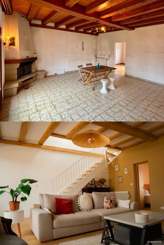 Suppression de l'ancienne cheminée, rénovation des poutres, pose d'un parquet et mise en peinture
