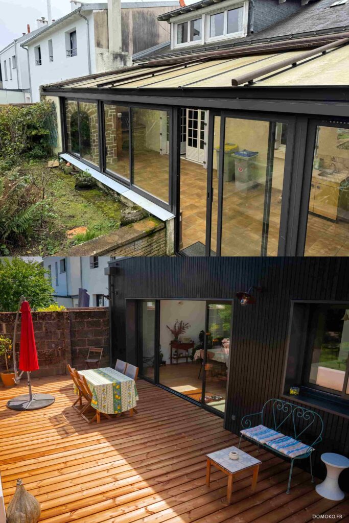 Démolition de la véranda et création d'une extension. Décaissement du jardin pour faire une terrasse à niveau du séjour avec création de marches pour accéder au jardin.